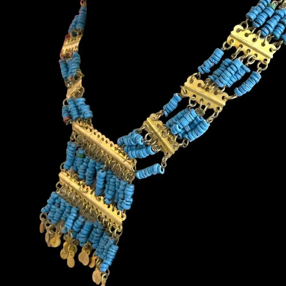 Vintage Egyptian Revival Faience Turquoise Blue Mummy Bead Necklace Brass Coins